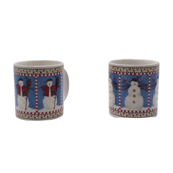 Sakura Debbie Mumm 1997 SNOWMAN Blue & White Winter Scene (2) Stoneware Mugs - Picture 2 of 7